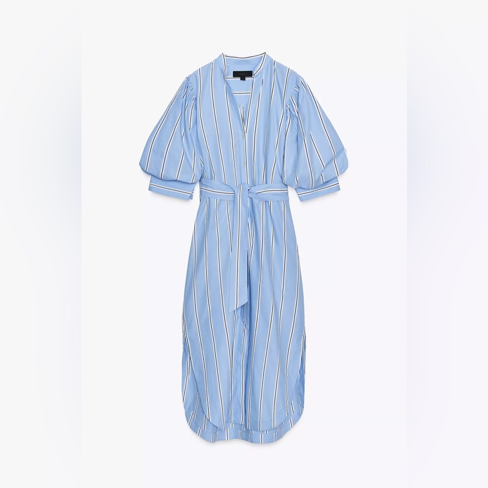 Zara ZW Blue Striped Belted Shirt Dress Puff Sleeves 100% Cotton Buttons NWT XS - Picture 6 of 15